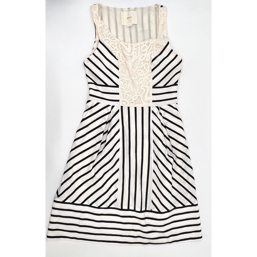 Maeve Anthropologie Dress Womens 0 Ivory Black Striped Chessia Crochet Lace